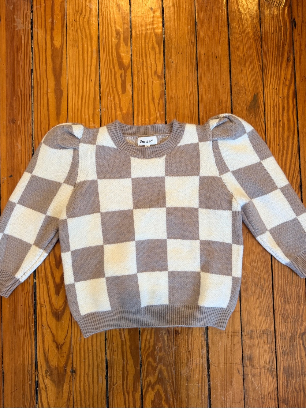 &merci Taupe and Cream Check Puff-Sleeve Crew Sweater
